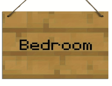 Insegna Bedroom in legno pixel 2D, vista frontale